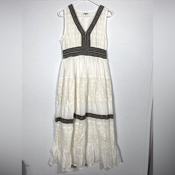 Advance Apparels Dresses & Skirts - Ivory Boho Tiered Maxi Dress Eyelet Detailing 100% Cotton Made in India Size S/M